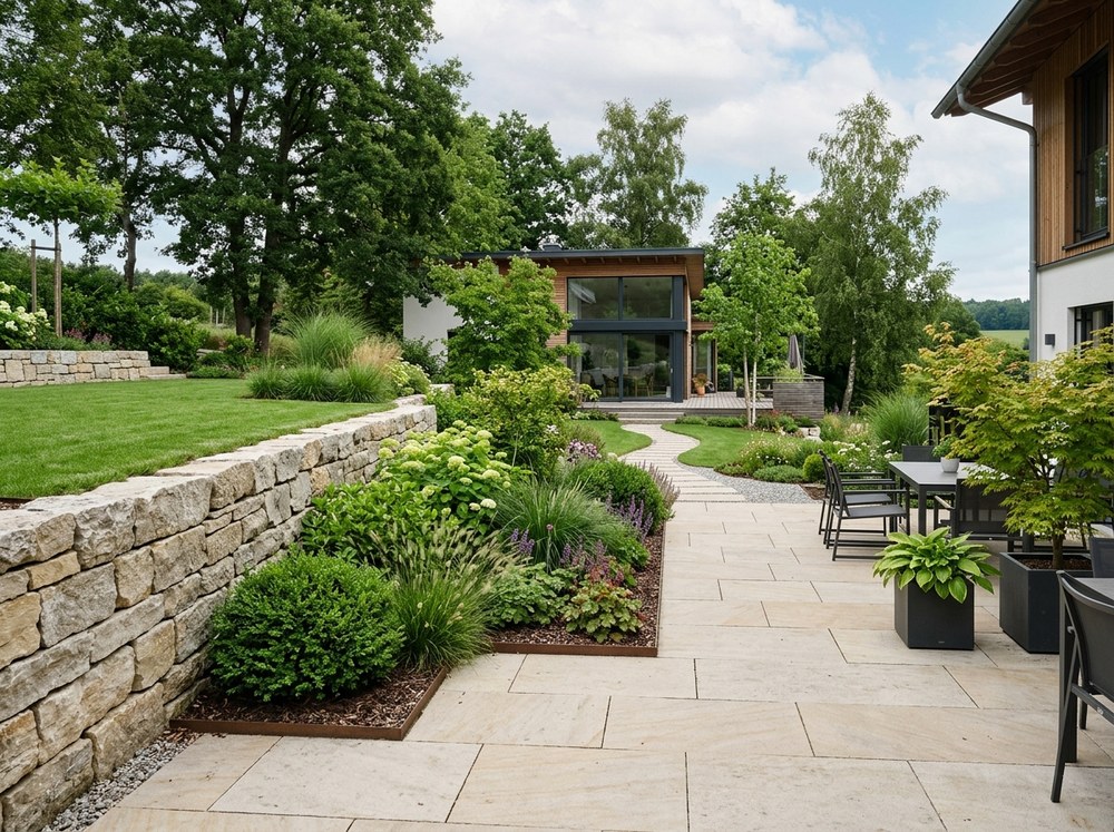 Garten- und Landschaftsbau mit Natursteinmauer und moderner Begrünung